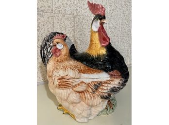 Large Rooster And Hen Lidded Serving Dish With Spoon