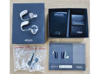 Oticon Hearing Aid With Accessories, Box, Cleaning Tools, Extra Batteries, And Instructions