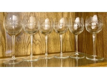 Six Pretty Etched Floral Wine Glasses