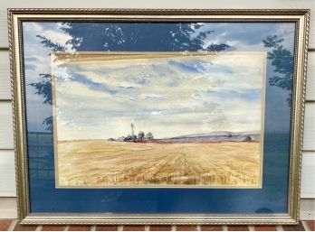 Pretty Watercolor Landscape Signed T. Fiel Matted In Blue And Cream In Wooden Frame