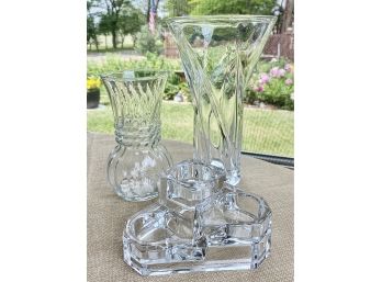 2 Glass Vases And Party Lite Three Tier Tea Light Holder