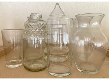 Lot Of Misc Glass Vases And Containers Incl. Glass Christmas Tree Container