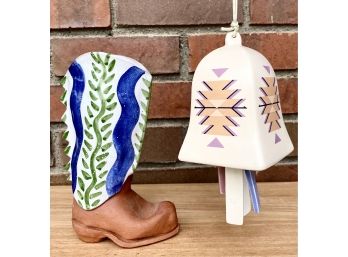 Signed Western Ceramic Boot And Cute Bell From NCE