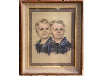 Signed Dubois Painting Of Twins In Wooden Frame, Cloth And Purple Matting