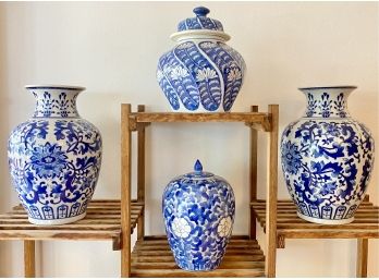 Four White And Blue China Vases And Lidded Jars