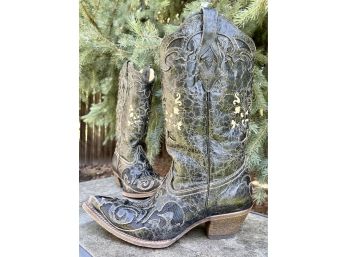Corral Black Vintage Lizard Overlay Western Boots Women's Size 8.5