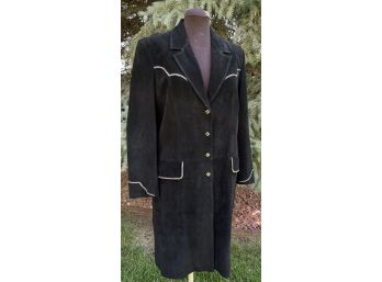 Cripple Creek Black Suede Long Coat W/white Embroidery Detailing & Snap Closure Women's Size L