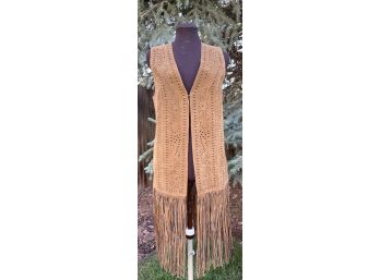 Scully Long Tan Suede Fringed Vest With Cutouts Women's Size L
