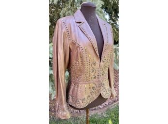 Powder River Outfitters By Panhandle Slim Brown With Brass Studs Leather Jacket Women's Size M