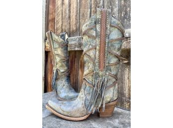 Corral Vintage Blue Brown Braiding And Fringe Western Boots Women's Size 8.5