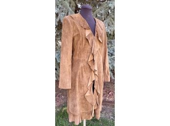 Scully Long Tan Suede Coat With Ruffle Collar & Animal Print Lining Women's Size L