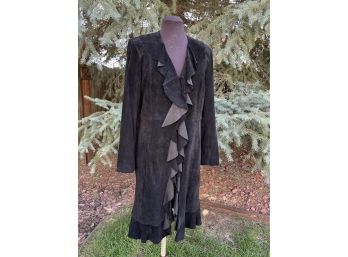 Scully Long Black Suede Coat With Ruffle Collar & Animal Print Lining Women's Size L
