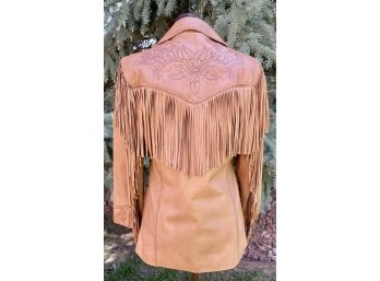 Cripple Creek Tan Leather Long Jacket With Fringe And Rose Stamping Women's Size M