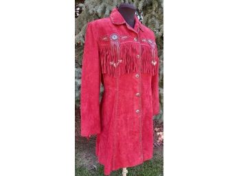 Scully Red Suede Fringed Coat With Leather Detailing, Concho & Stud Accents Women's Size L