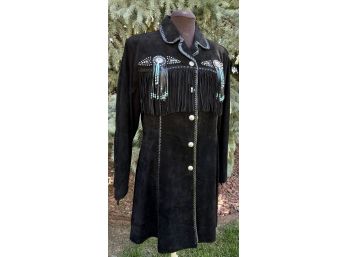Scully Long Black Suede Fringed Coat W/Turquoise Bead Work & Concho Detailing Women's Size L
