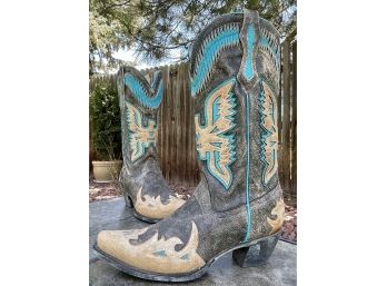CORRAL Antique Saddle/Turquoise Eagle Overlay Snip Toe Cowgirl Boots Women's Size 8.5
