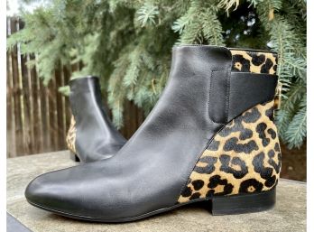 Michael Kors Mira Black Leather & Leopard Print Flat Booties Women's Size 8.5