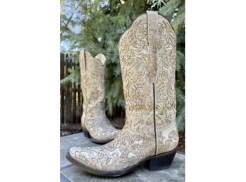 Corral Taupe With Floral Overlay Snip Toe Western Boot Women's Size 8.5
