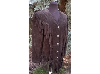 Cripple Creek Dark Brown Suede Jacket With Concho Button Closure & Fringe Accents Women's Size L