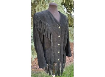 Cripple Creek Black Suede Long Jacket With Fringe & Concho Snap Closures Women's Size L