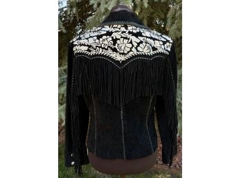 Scully Black Suede Jacket W/Ivory Embroidery And Fringe Detail On Back Women's Size L