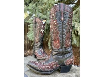 Corral Black/Red Overlay With Studs Western Boots Women's Size 8.5