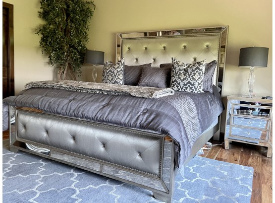 King Size Upholstered & Mirrored Bed With Mattress And Bedding