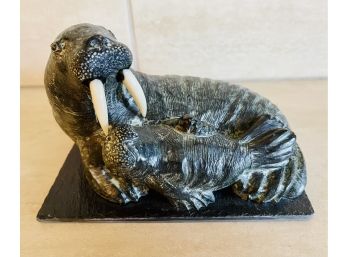 The Wolf Sculptures Walrus Mother & Baby Soapstone Figure