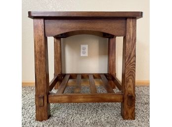 Oak Wood Square Mission Style Side Table With Tapered Legs & Slats On Bottom By Eureka
