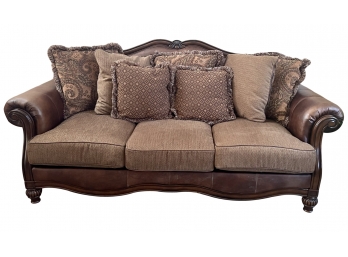 Traditional Style Leather & Fabric Roll Arm Sofa With Loose Pillow Back & Dark Wood Trim