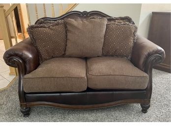 Traditional Style Leather & Fabric Pillow Back Loveseat With Dark Wood Trim