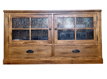 Oak Media Cabinet With Textures Glass Doors 7 Storage Drawers