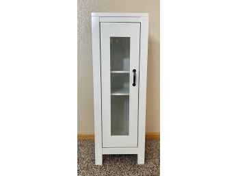 Small White Wood Cabinet With Glass Front Door & Storage Shelves