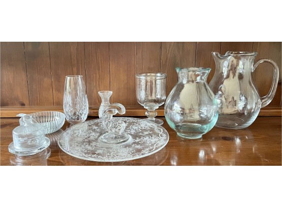 10 Pc. Glassware Set Including Waterford Vase And And Etched Glass Tray