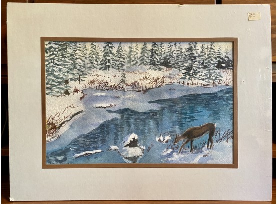 Painting Of Deer Drinking From Stream In Snowy Woods Signed By Barry Shiff