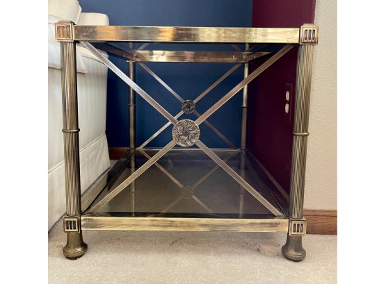 Beautiful Antique Brass-Beveled Glass Side Table With Column Style Legs Cross Bars And Medallion Accents