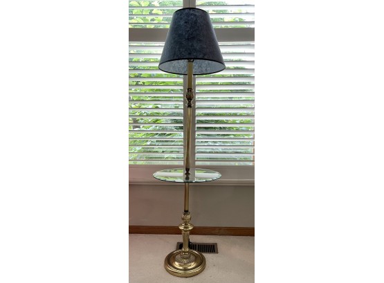 Brass Floor Lamp With Glass Table & Blue Shade