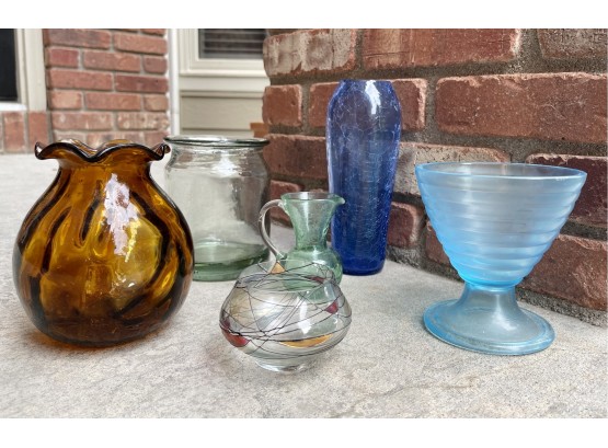 6 Pc. Colored Glass Lot With Amber Vase & Blue Crackle Vase