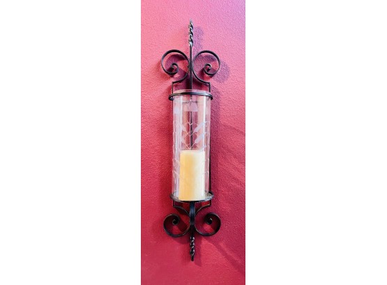 Wrought Iron Wall Sconce With Etched Glass Hurricane