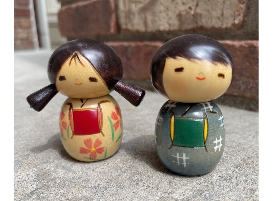 2 Wooden Japanese Boy & Girl Figurines In Kimonos