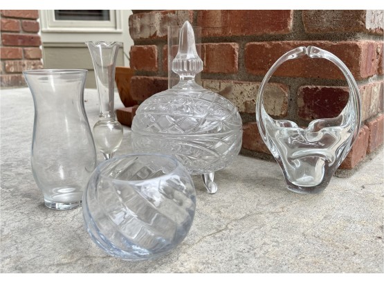 7 Pc. Glassware Lot With Lidded Candy Dish And More