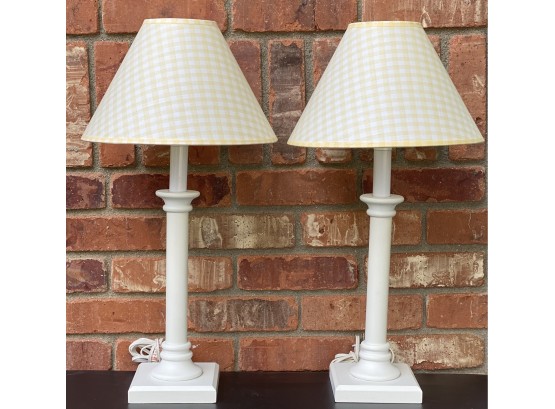 Two Lamps W/Yellow Plaid Checkered Lampshades