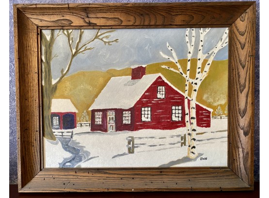 Painting Of Red House With Snow Signed By B.H.W.