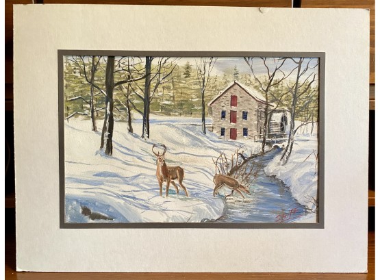 Painting Of Two Deer At A Snowy Stream With A House Signed By Barry Shiff