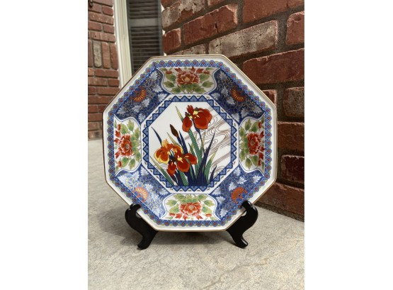 Octagon Asian Hand Painted Plate With Red Iris