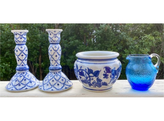 Blue And White Decor Pieces Incl. Andrea By Sadek Thailand Candlesticks