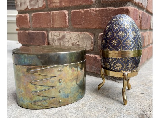 2 Pc. Solid Brass Lot With Oval Shaker Box & 1 Enameled Egg With Stand