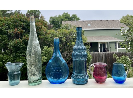 6 Pc. Colored Glass Lot With 3 Bottles