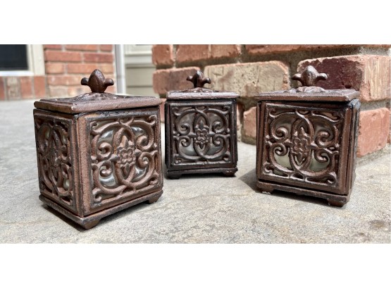 3 Cast Iron & Glass Lidded Candle Holders