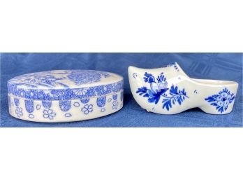 One Very Small Delft 6040 Clog And A Blue And White Small Round Box